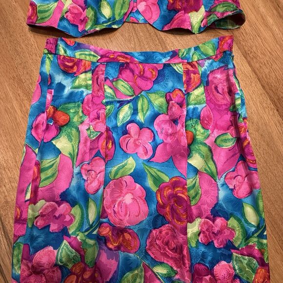 Vtg Adrianna Papell Silk Skirt Top 2 pc Set Sz 8 pink floral Maximalist Wow 90s - Picture 14 of 16